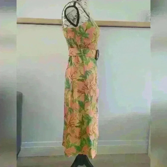 MONTEAU | Women's Peach/Pink  Tropical Linen Blend Belted Midi Sun Dress - Picture 3 of 6